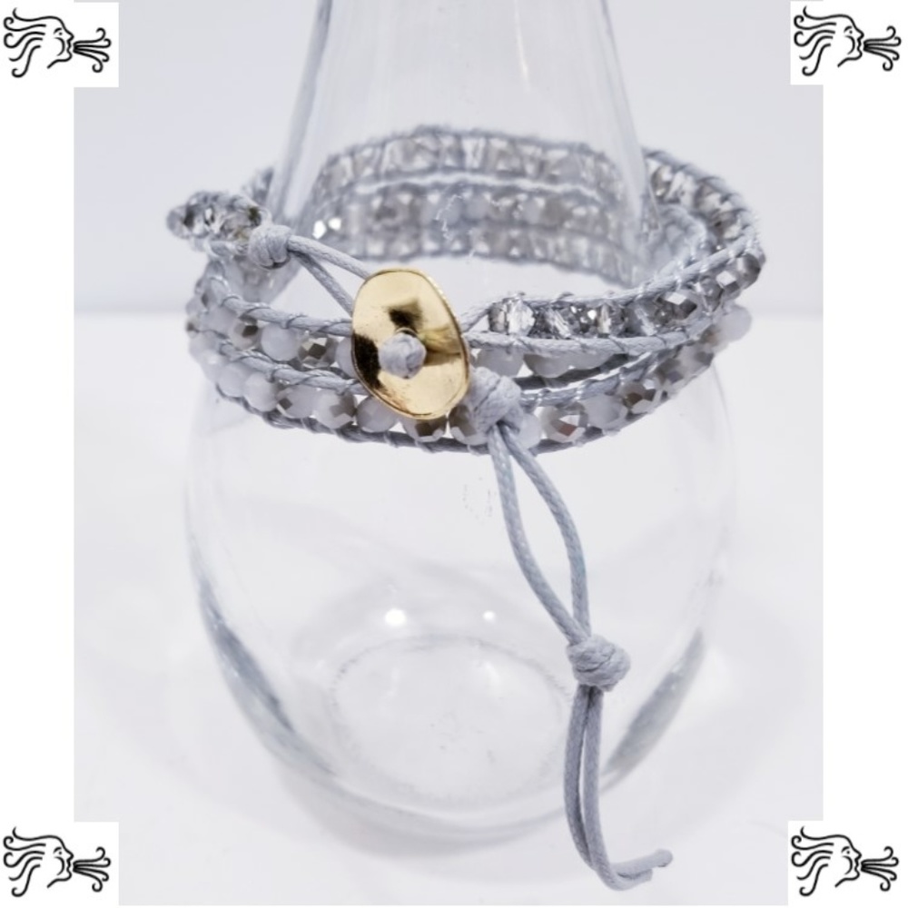 Beaded 3 Wrap Bracelet Gray Cord w/ Faceted Bead